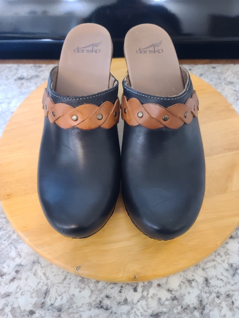 Dansko Black Leather Clogs with Tan Braided Strap Never Worn